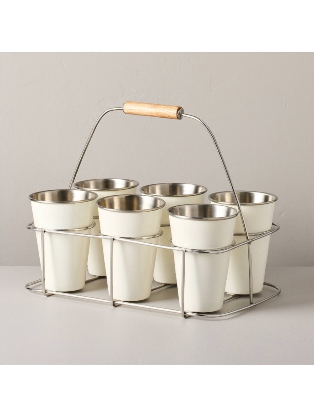 NWT Hearth and Hand with Magnolia Metal Rubberwood Cream Drink Caddy 7 piece Set
